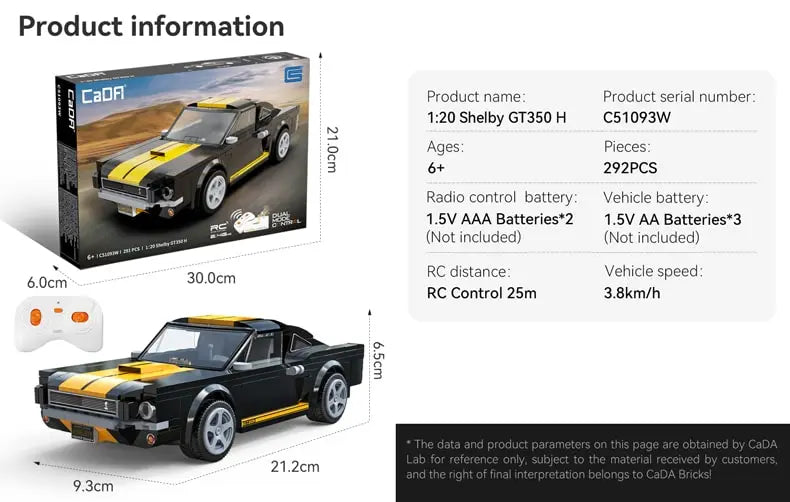 CaDA 1:20 Shelby Mustang GT350H Car Dual Control RC Brick Model Kits, image 3