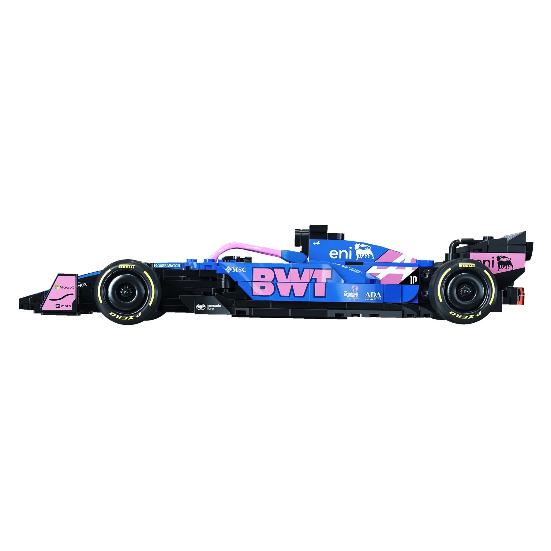 CaDA 1:24 Alpine F1 A525 Brick Model Kits side view showcasing the iconic pink and blue design.