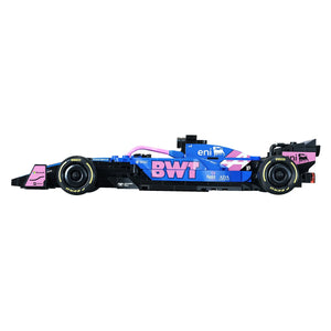 CaDA 1:24 Alpine F1 A525 Brick Model Kits side view showcasing the iconic pink and blue design.