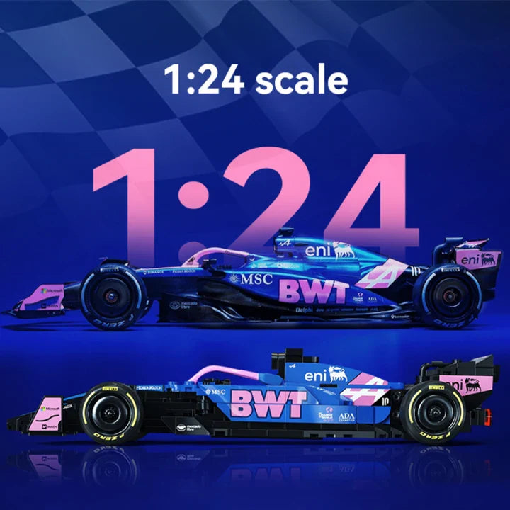 CaDA 1:24 Alpine F1 A525 Brick Model Kits showcasing 1:24 scale detailed design in pink and blue livery.