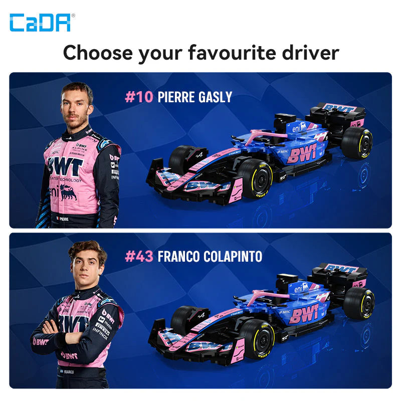 CaDA 1:24 Alpine F1 A525 Brick Model Kits featuring Pierre Gasly and Franco Colapinto with BWT branding.
