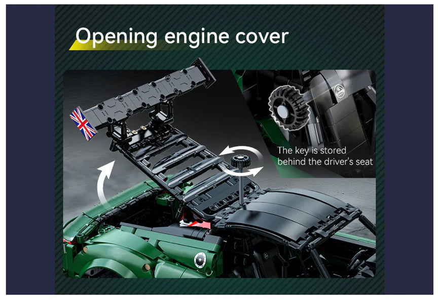 Model of a car with an open engine cover, showing a key storage location.