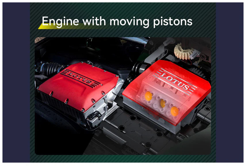 Engine with moving pistons labeled 'LOTUS' on a dark background