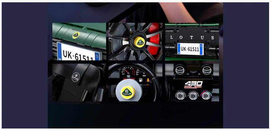 Collage of Lotus car parts and branding elements on a dark background