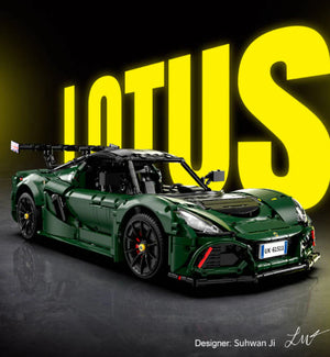 Green Lotus sports car model with yellow 'LOTUS' text in the background