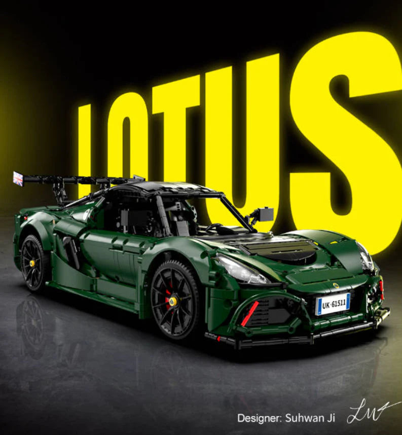 Green Lotus sports car model with yellow 'LOTUS' text in the background
