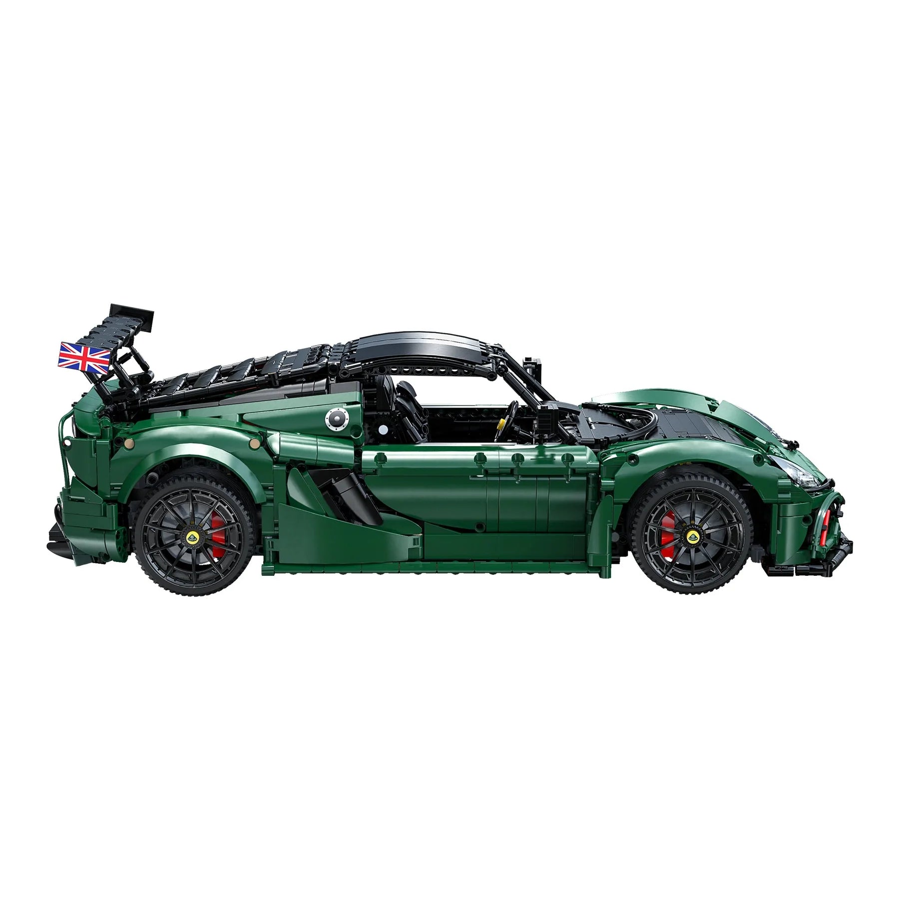 Green sports car model made of interlocking bricks on a white background