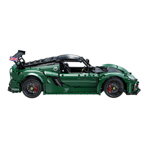 Green sports car model made of interlocking bricks on a white background