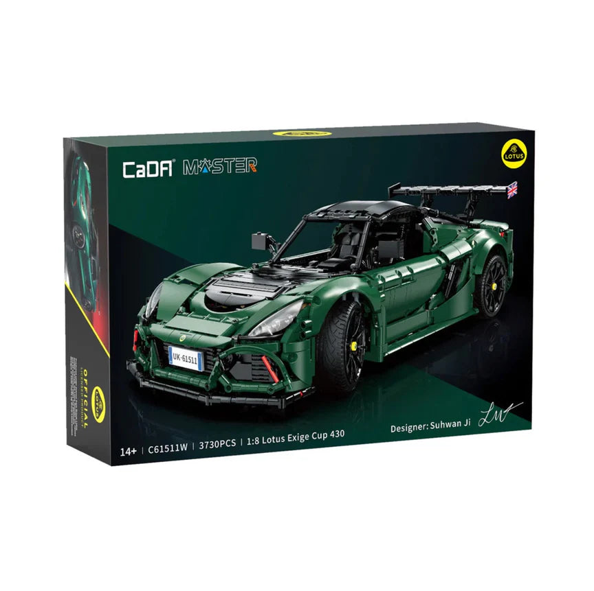 Boxed model car kit of a green sports car with branding on the packaging.
