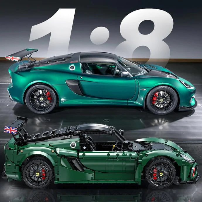 Green sports car model with detailed design on a reflective surface, featuring the number 1.8 in the background.
