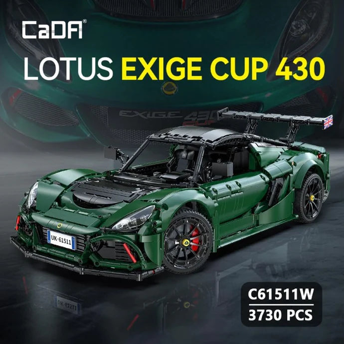 Model of a green Lotus Exige Cup 430 car with 'CaDA' branding on a dark background.