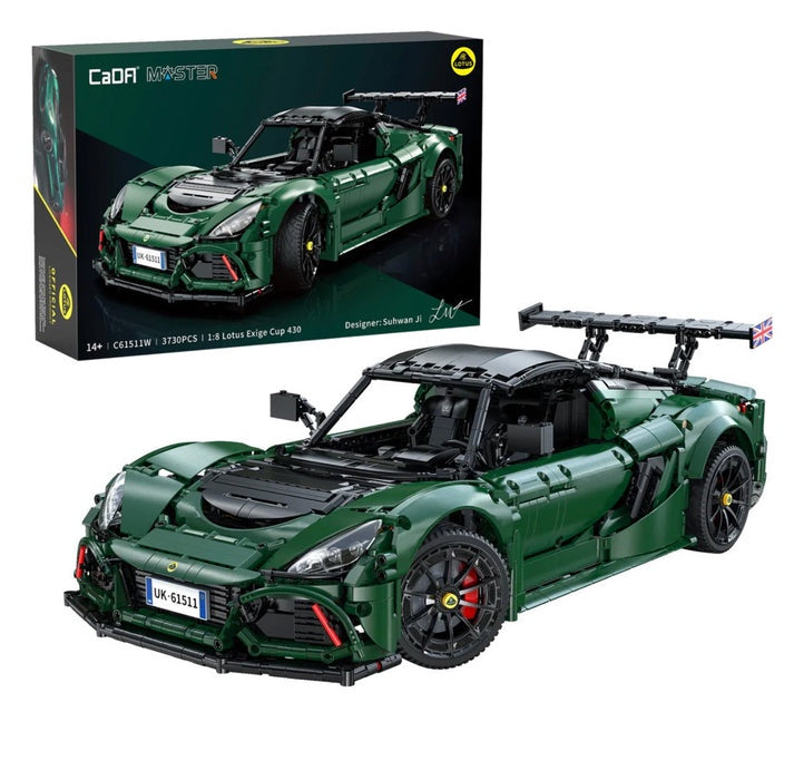 Green sports car model and packaging with 'CaDA' branding on a white background