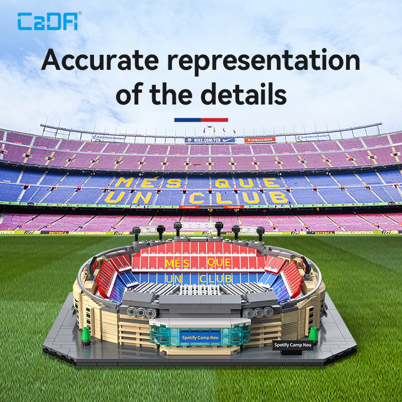 Model of a stadium with detailed architecture on grass, featuring the brand 'Cada'.
