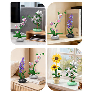 Collage of decorative flower arrangements in small pots on various surfaces.