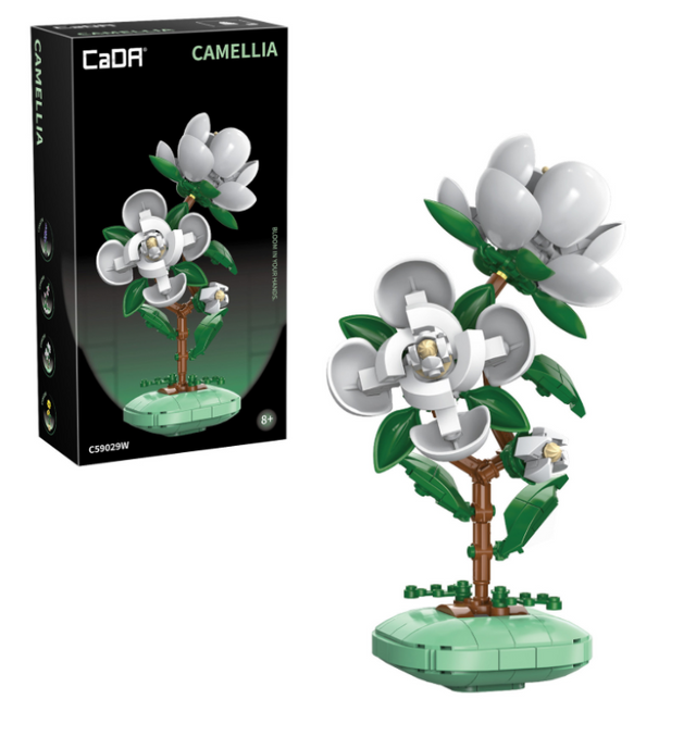 CaDA Building Block Flower Bonsai - Camellia displayed with white flowers and green leaves in a decorative pot.