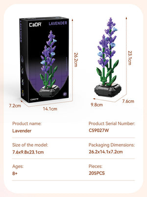 Lavender model with packaging, dimensions, and product details on a beige background