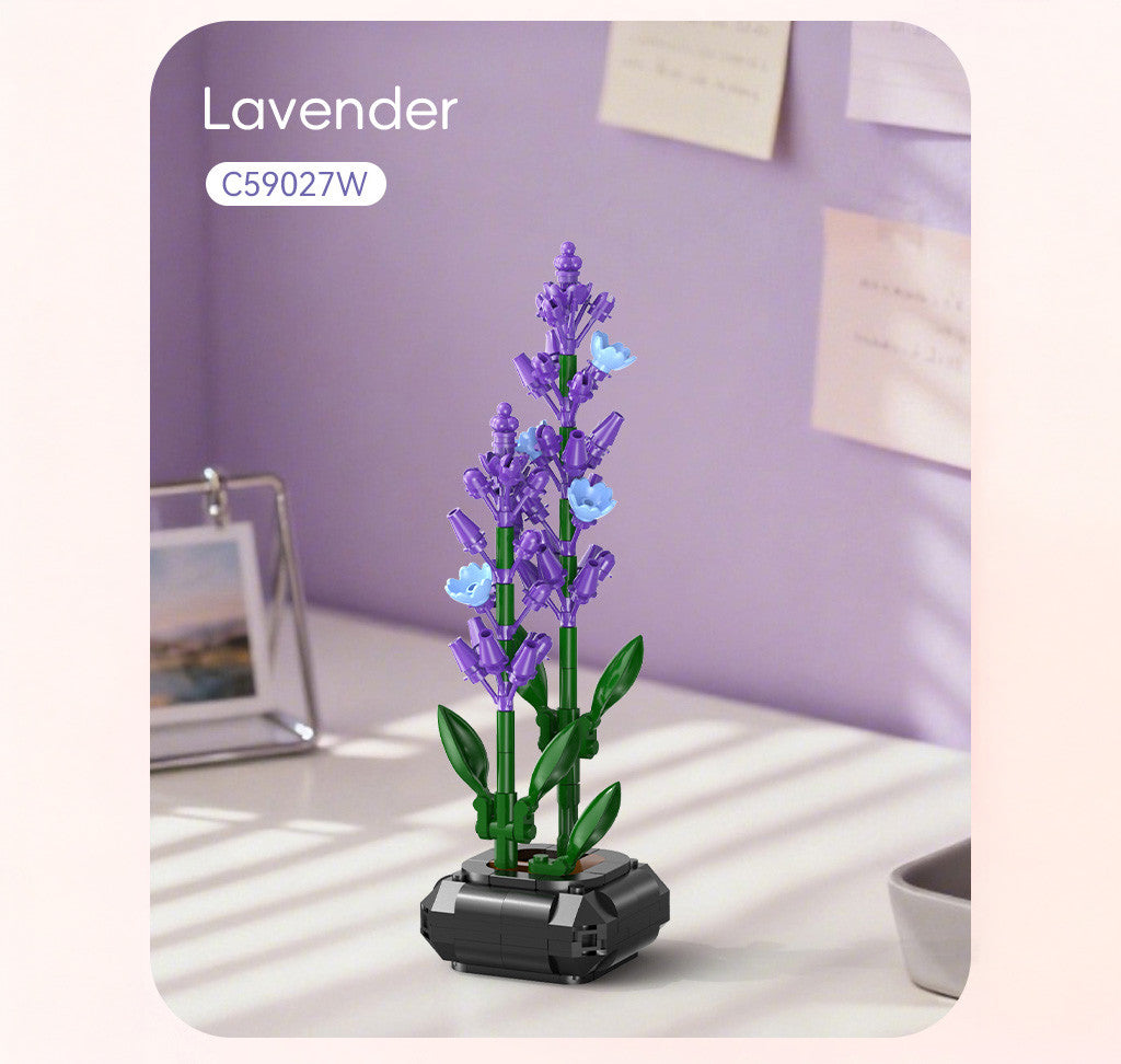 Decorative lavender plant on a table with a purple wall background