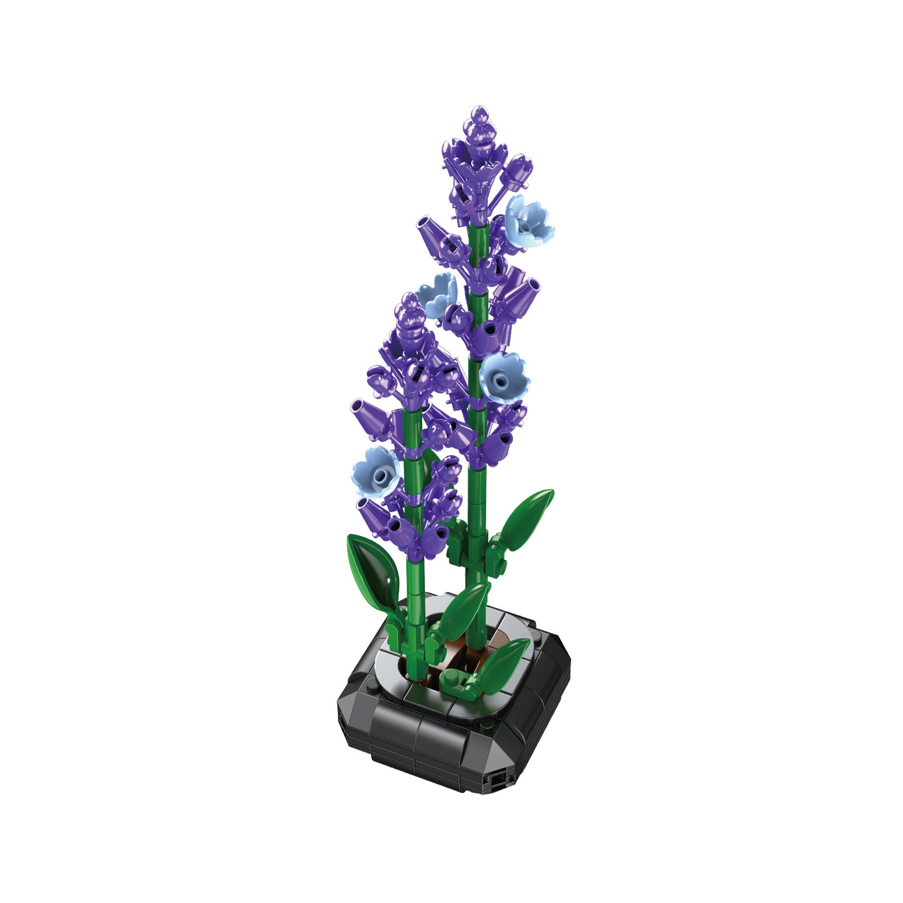 Model of a lavender plant made from interlocking plastic bricks on a white background