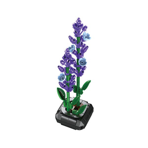 Model of a lavender plant made from interlocking plastic bricks on a white background