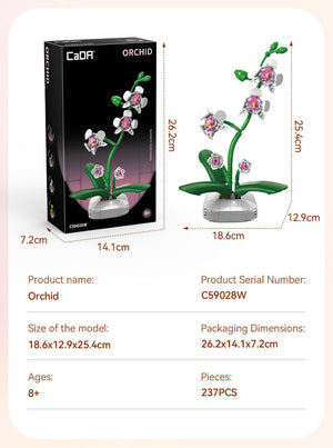 CaDA Building Block Flower Bonsai - Orchid model with box and dimensions displayed, featuring decorative flowers.