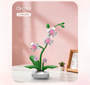 CaDA Building Block Flower Bonsai - Orchid displayed in a home setting with pink and white flowers and green stems.