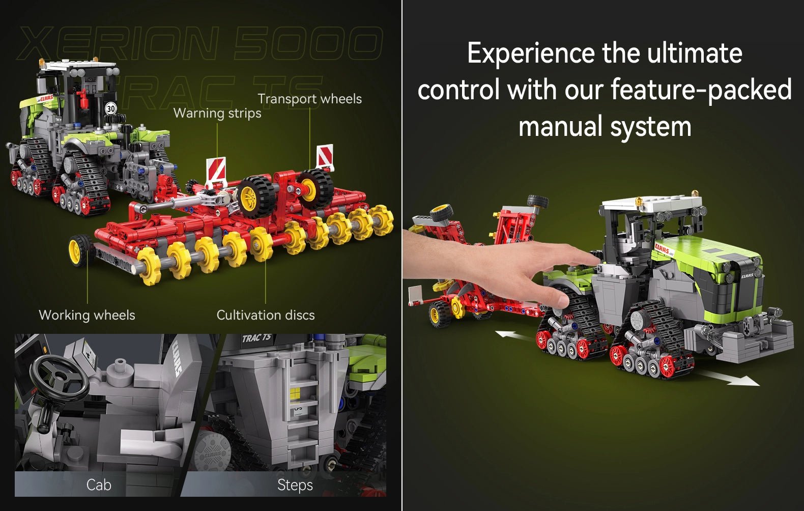 Toy construction vehicle set with labeled parts and a hand interacting with it, on a dark background.