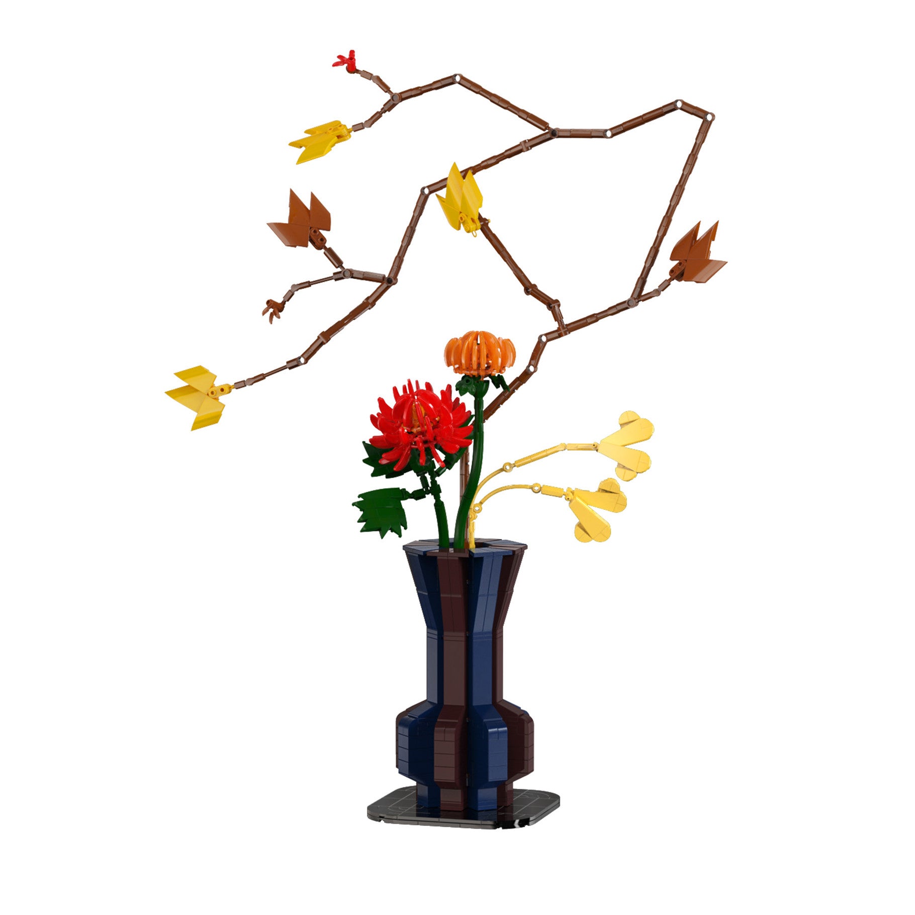 Decorative arrangement with flowers in a vase and branches with leaves on a white background