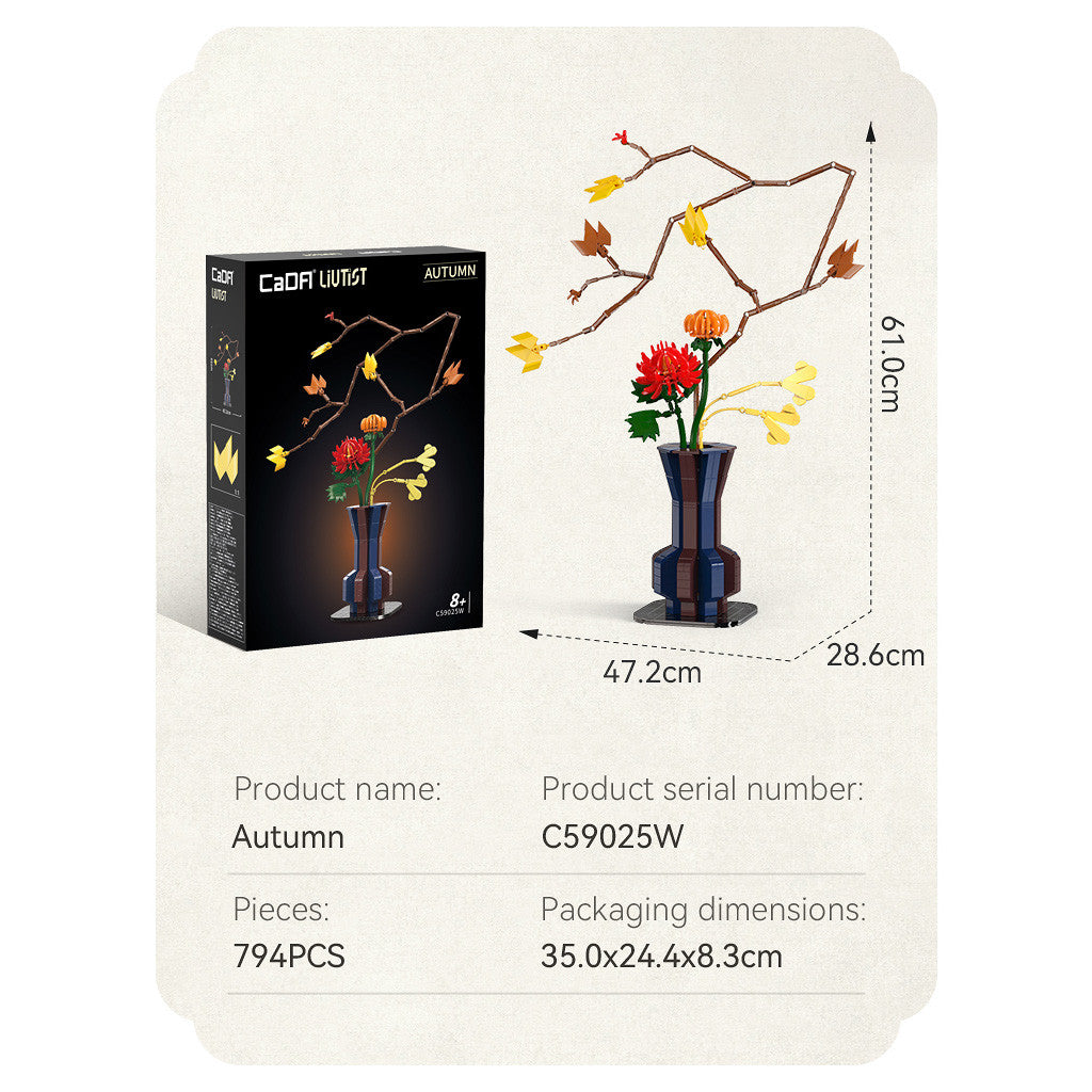 CaDA Floral Art Model Kits - Autumn packaging and dimensions with floral model display.