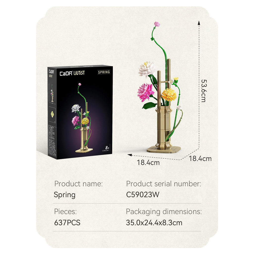Product packaging with floral arrangement, box, and dimensions displayed.