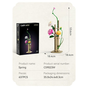 Product packaging with floral arrangement, box, and dimensions displayed.