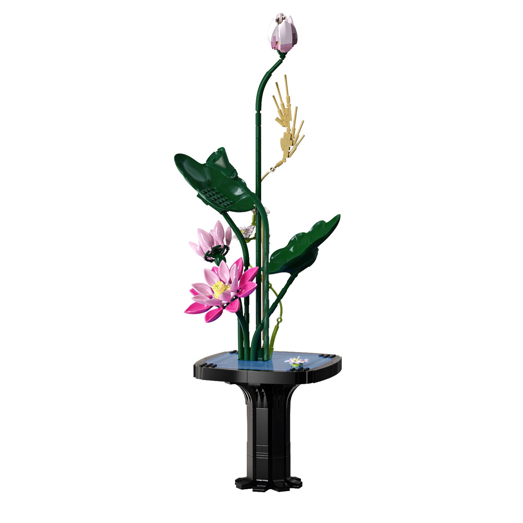 Model of a pond scene with pink flowers and a black base on a white background