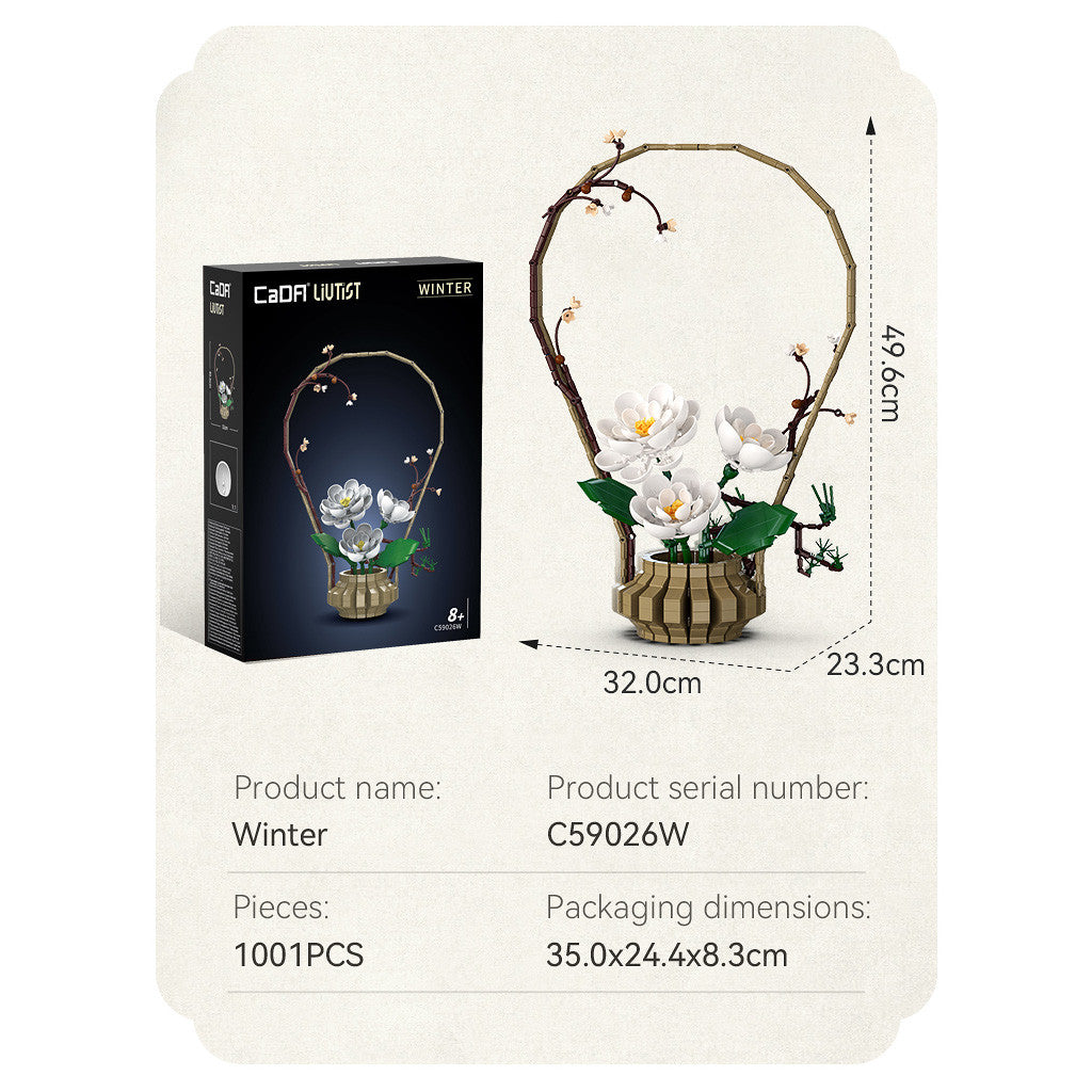 Product packaging with a decorative item featuring flowers and dimensions displayed.
