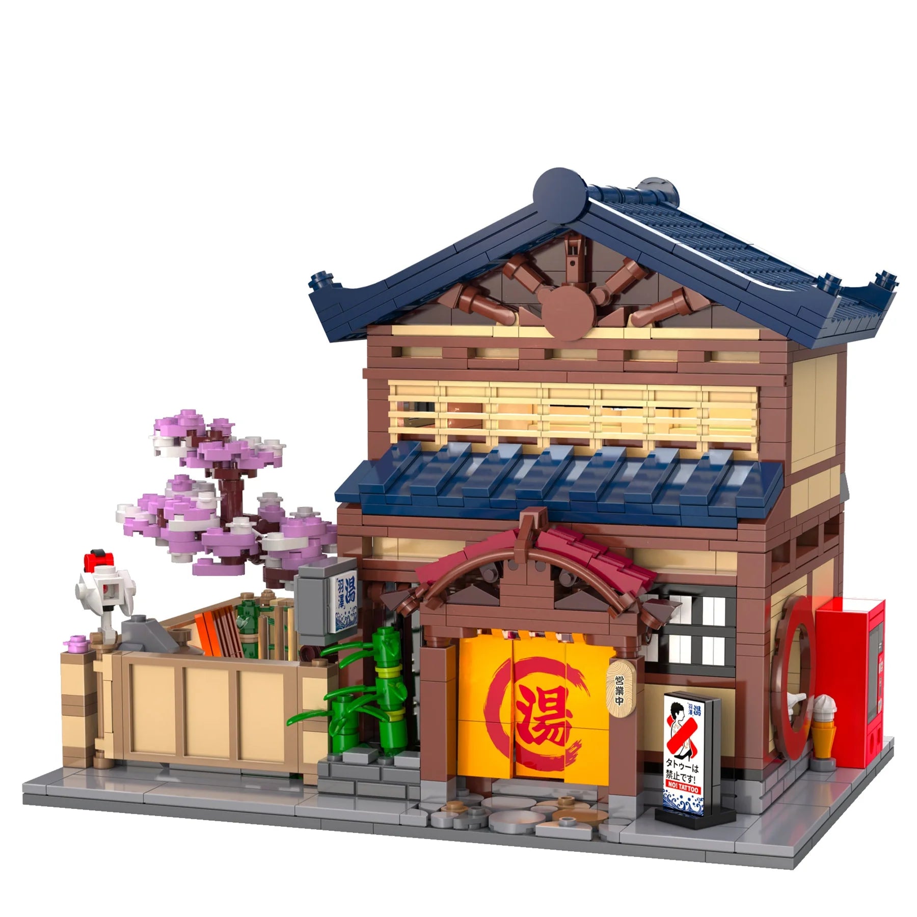 Detailed model of a traditional Japanese building with cherry blossom tree and various elements on a white background