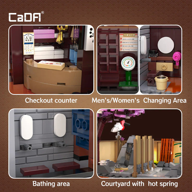 Collage of miniature bathroom sets with labels on a brown background