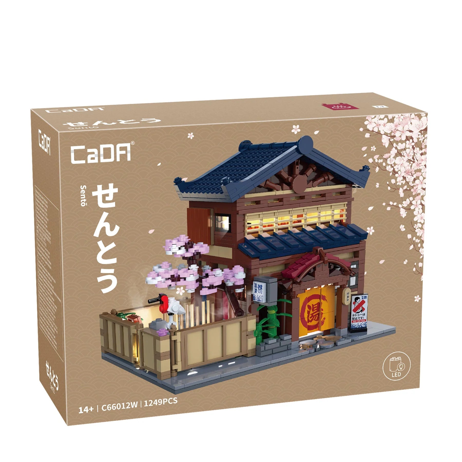 Model building kit packaging with a traditional Japanese building design on a beige background