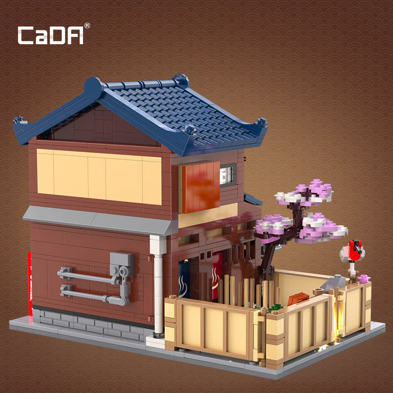 CaDA Japanese-Onsen Facility Brick Model Kits featuring a traditional-style Japanese bathhouse with cherry blossom.