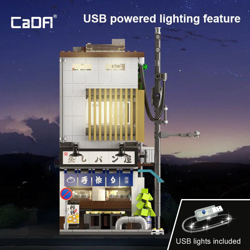 Model of a building with USB-powered lighting feature, featuring the brand 'CaDA'.