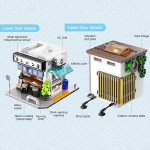 Detailed diagram of a miniature building model with labeled components on a light blue background