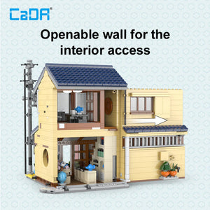 CaDA Japanese Tea House Brick Model Kits with openable wall for interior access, showcasing intricate details.