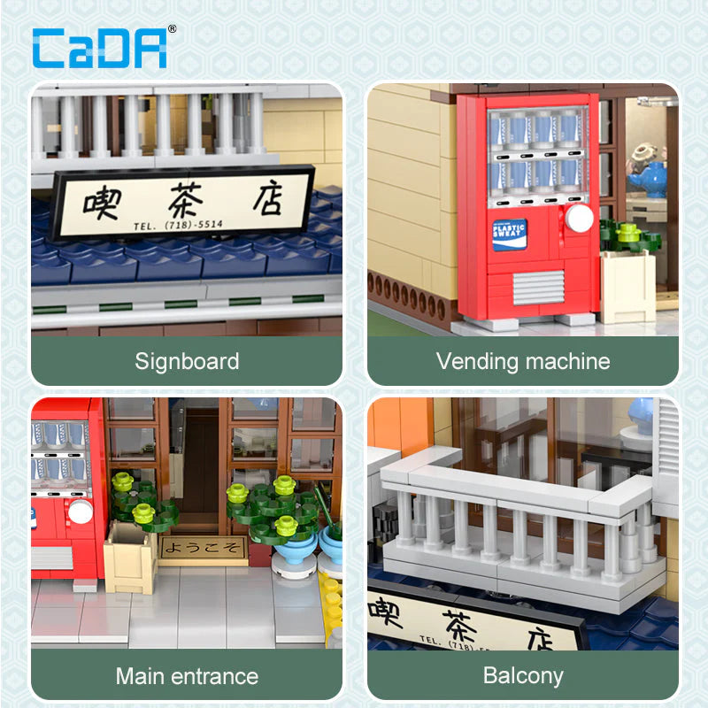 Collage of building blocks models including a signboard, vending machine, main entrance, and balcony with Cada branding.