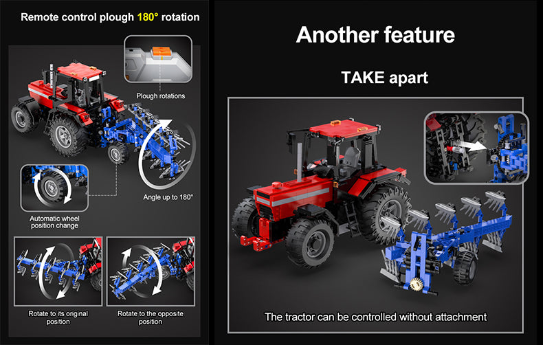 Toy tractor set with remote control plough features on a dark background