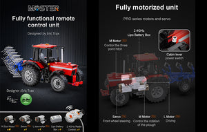 Red remote control tractor with technical specifications on a dark background