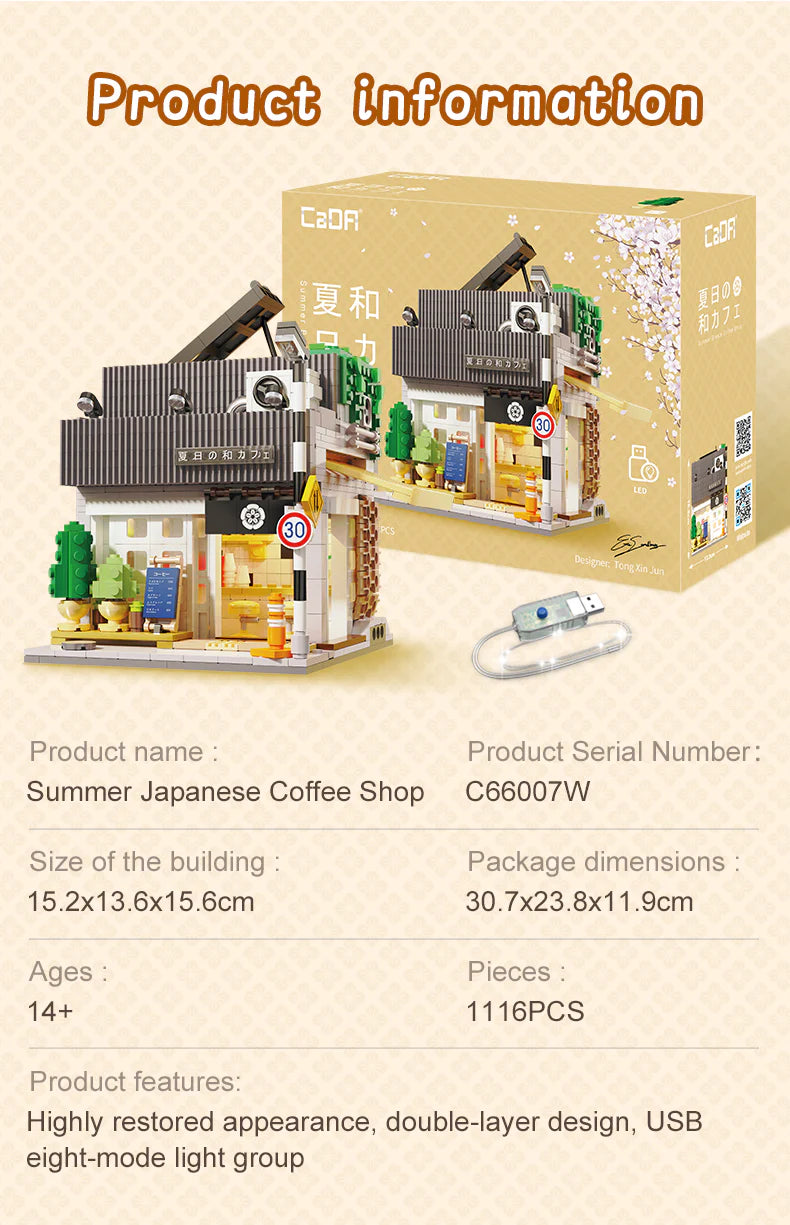 Model of a Japanese coffee shop with packaging, product details on a beige background.