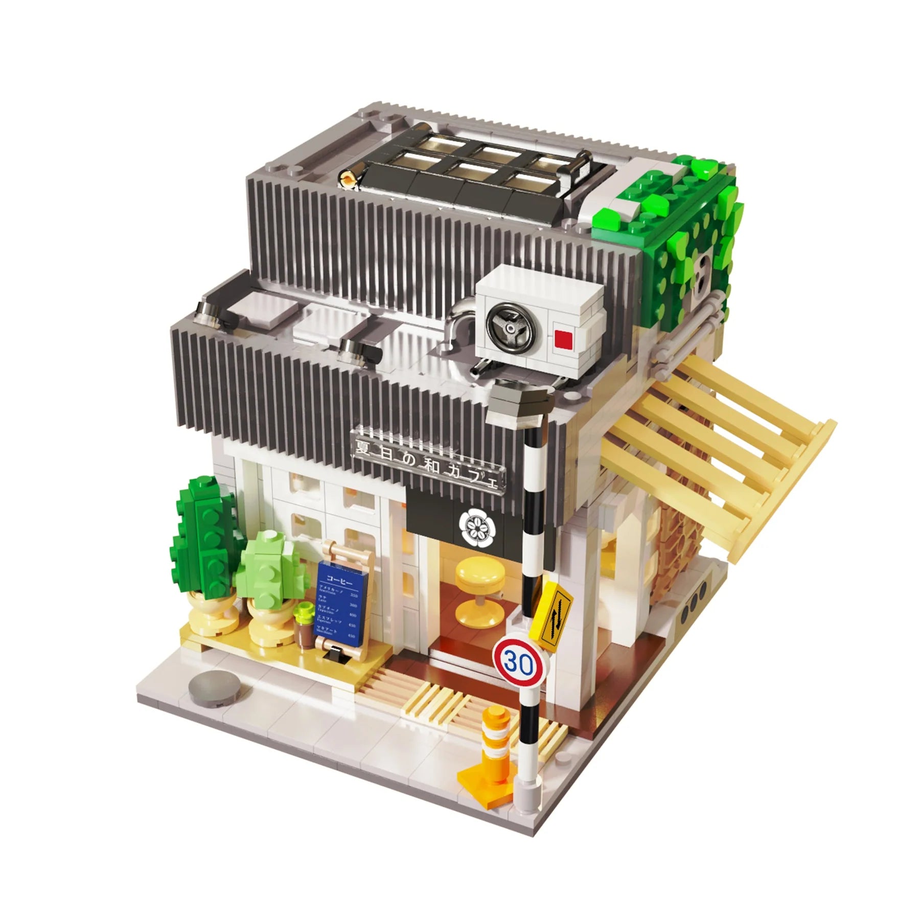 Model of a small store with a camera on top, resembling a LEGO set, on a white background.