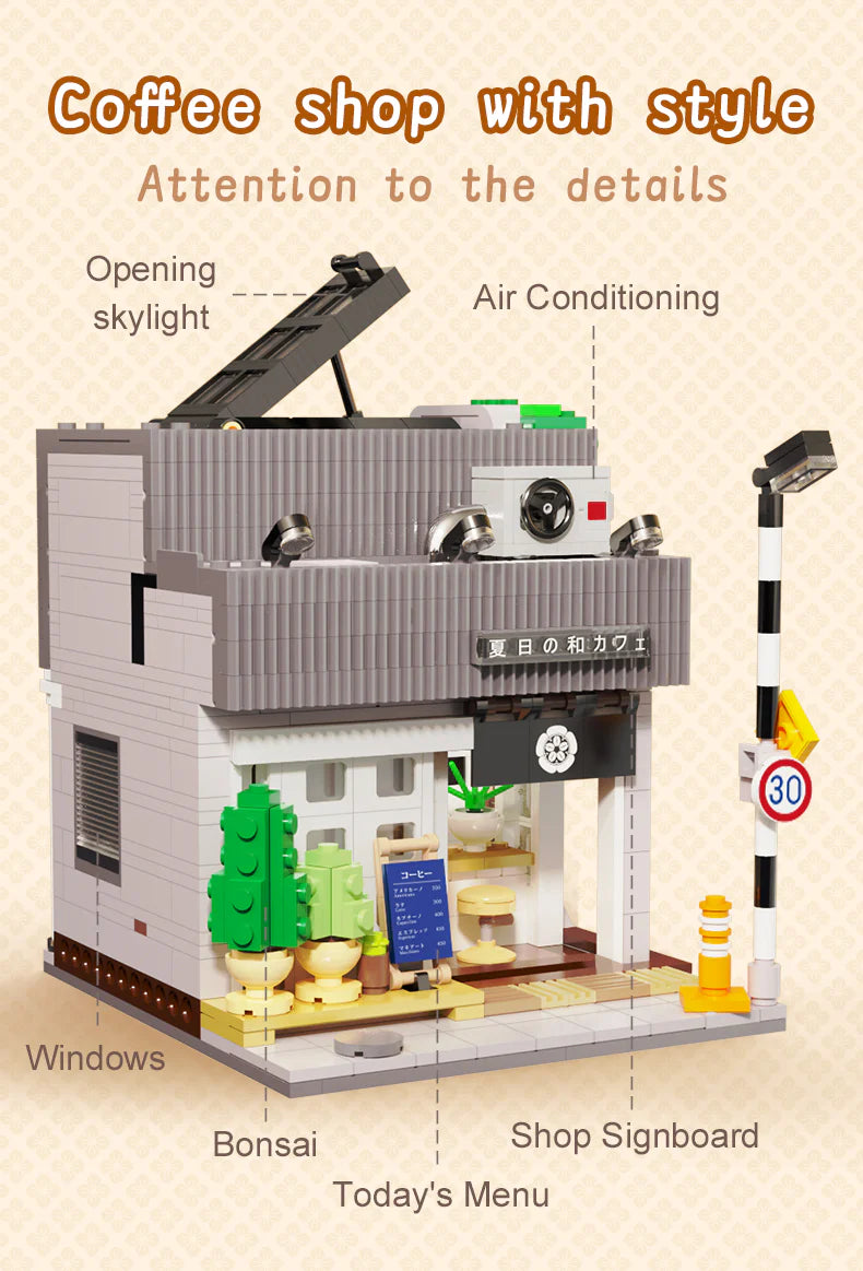 CaDA Summer Japanese Coffee Shop Brick Model Kits showcasing intricate details and unique design elements.