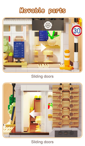 Model of a building with movable parts and sliding doors, featuring a speed limit sign and various elements.