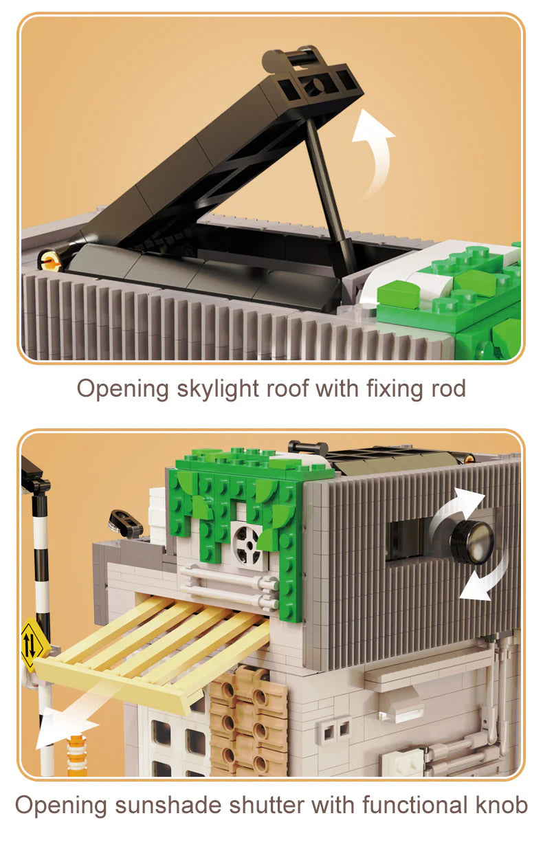 Model of a building with an opening skylight roof and sunshade shutter, featuring green, black, and beige colors.