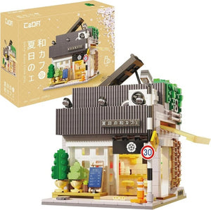 CaDA Summer Japanese Coffee Shop Brick Model Kits showcasing a detailed miniature Tokyo coffee house design.
