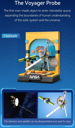 Model of the Voyager Probe with NASA branding on a blue background
