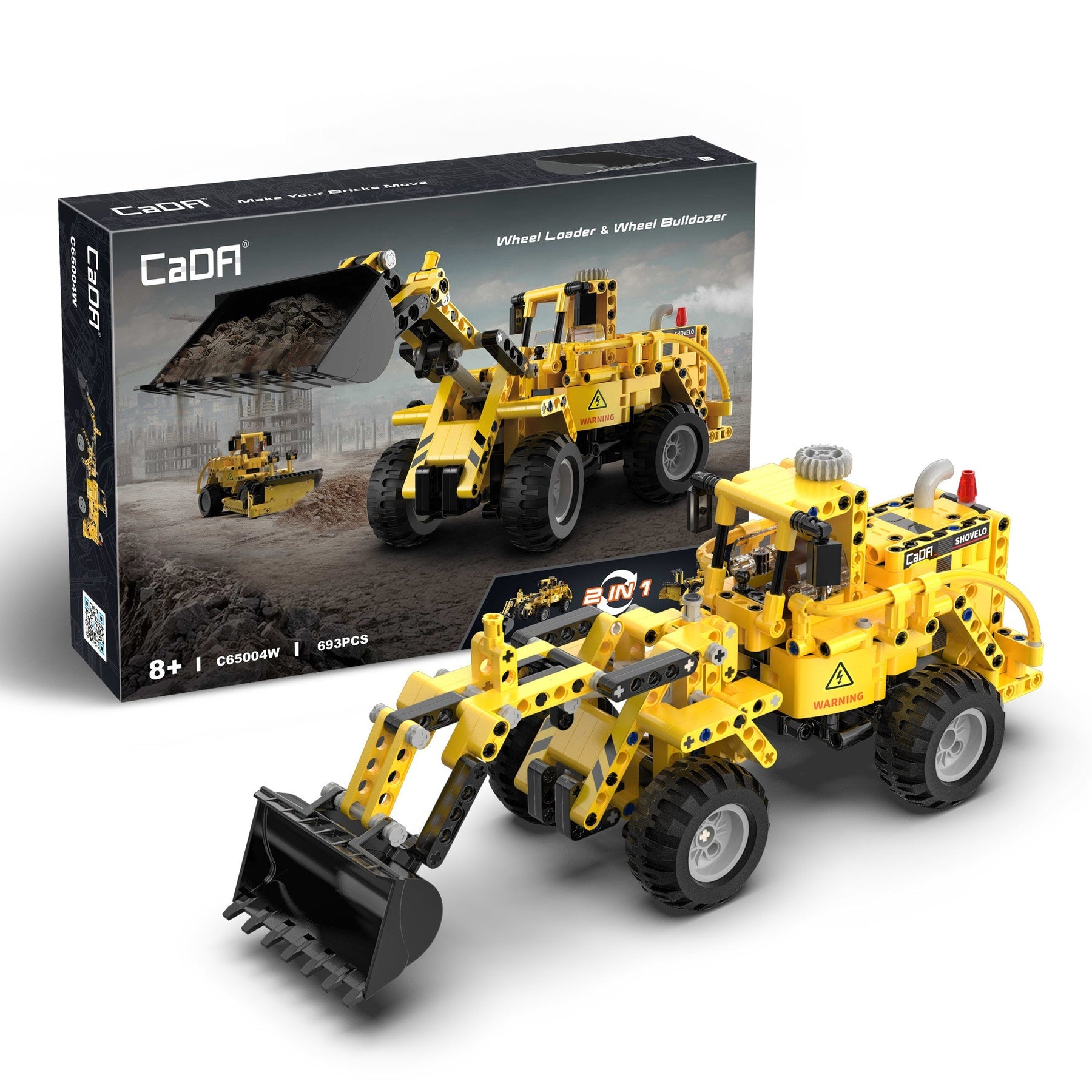 Yellow construction vehicle toy set with CADA packaging on a white background